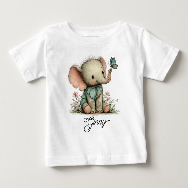 Camiseta Para Bebê Cute Baby Elephant with Blue Butterfly (Frente)