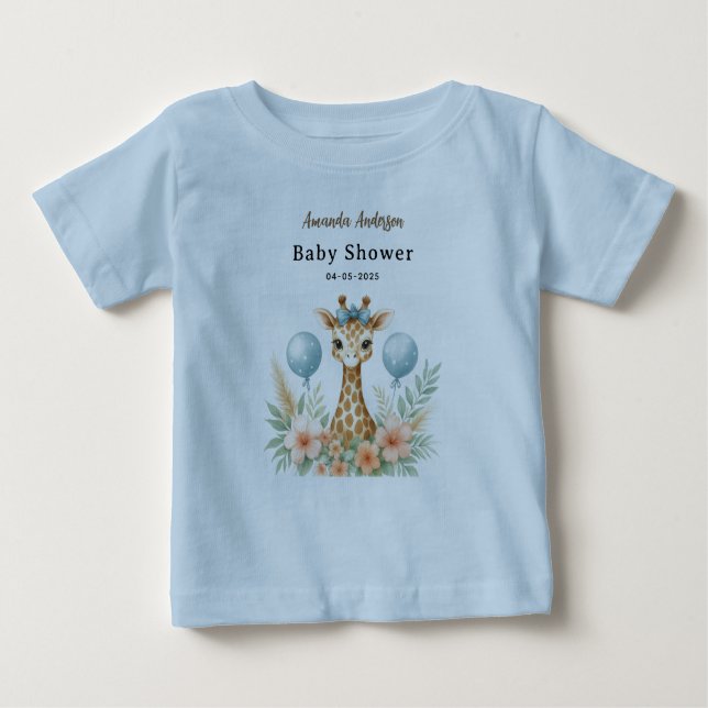 Camiseta Para Bebê Cute Baby Giraffe Boy Baby Shower | Blue Safari (Frente)