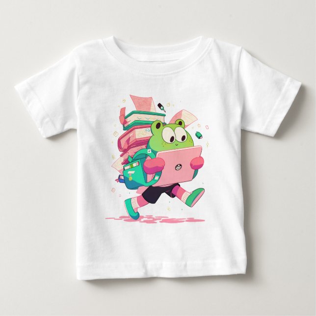 Camiseta Para Bebê Cute Back to School Frog with Books and Backpack (Frente)