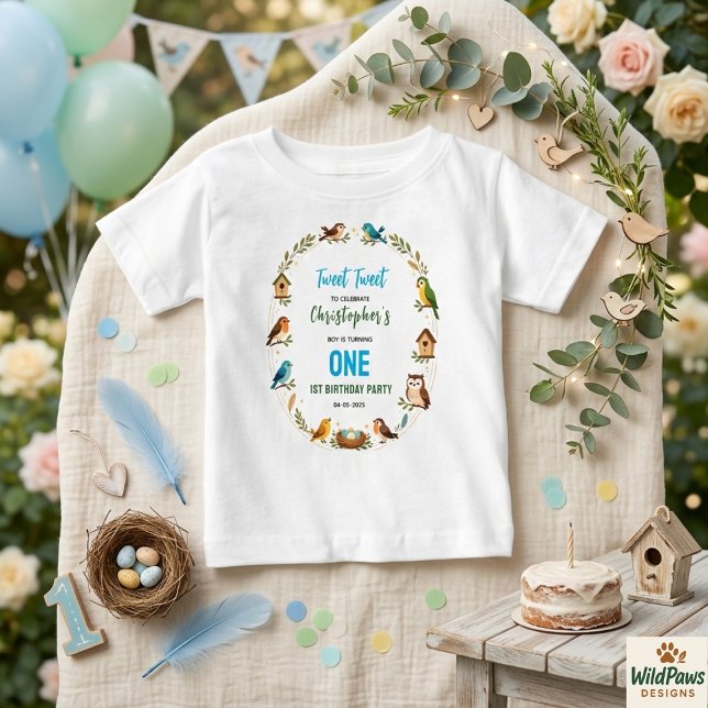 Camiseta Para Bebê Cute Birds 1st Birthday Party – Fun Kids  (Cute Birds 1st Birthday Party – Fun Kids Baby T-Shirt
)
