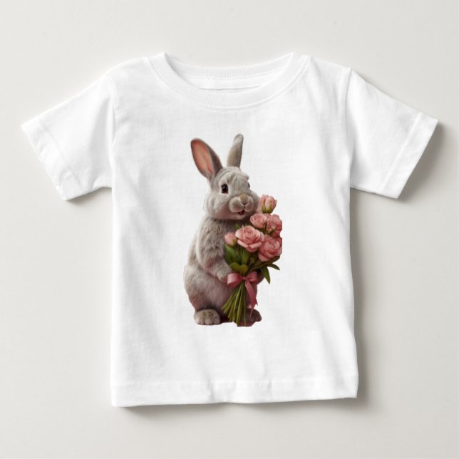 Camiseta Para Bebê  “Cute Bunny with Pink Roses” Adorable Art Design (Frente)