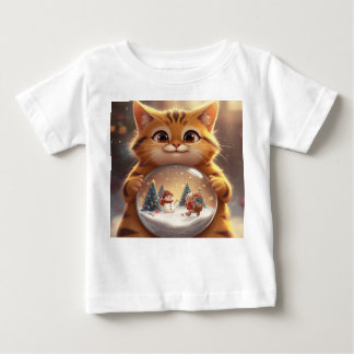 Camiseta Para Bebê Cute Christmas Cat Holding Snow Globe Art