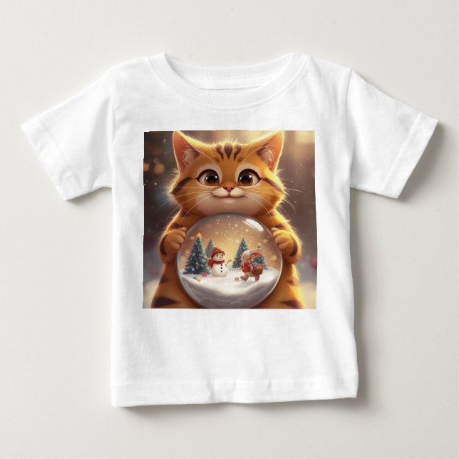 Camiseta Para Bebê Cute Christmas Cat Holding Snow Globe Art (Frente)