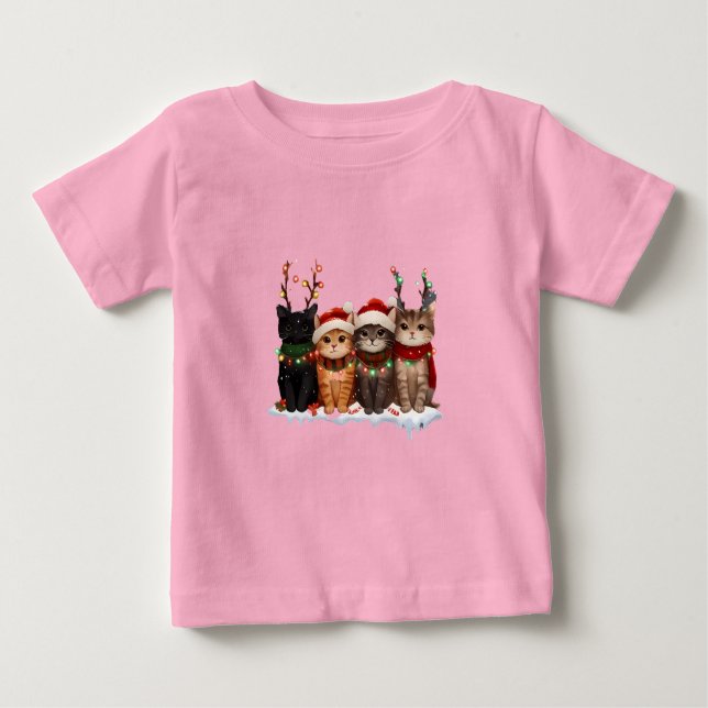 Camiseta Para Bebê Cute Christmas Cats Illustration – Festive Kittens (Frente)