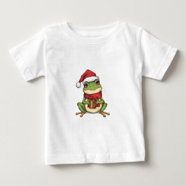 Camiseta Para Bebê Cute Christmas Frog Sweater - Santa Frog Holding G (Frente)