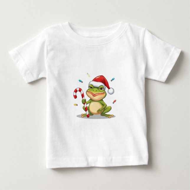 Camiseta Para Bebê Cute Christmas Frog With Candy Cane - Funny Holida (Frente)