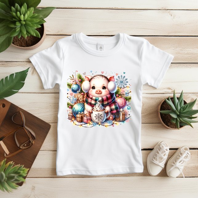 Camiseta Para Bebê Cute Christmas Pig With Gifts and Hot Cocoa T-Shir (Criador carregado)
