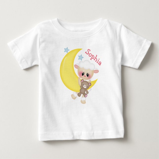 Camiseta Para Bebê Cute Cordeiro na Lua Crescente com Monograma (Frente)