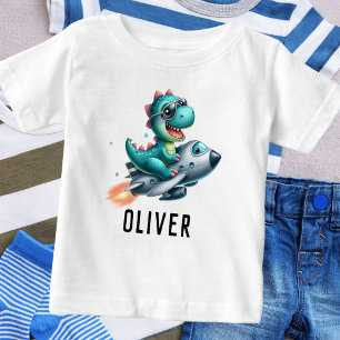 Camiseta Para Bebê Cute Dino Trex Piloto Voando Jato Aeronave