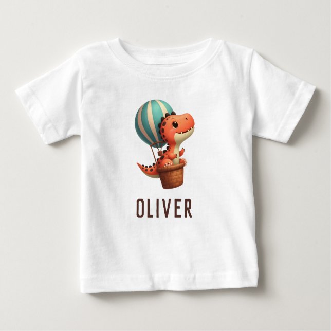 Camiseta Para Bebê Cute Dino voando em um balão de ar quente (Frente)