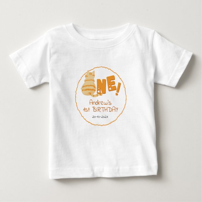 Camiseta Para Bebê Cute Fat Orange Cat 1st Birthday (Frente)