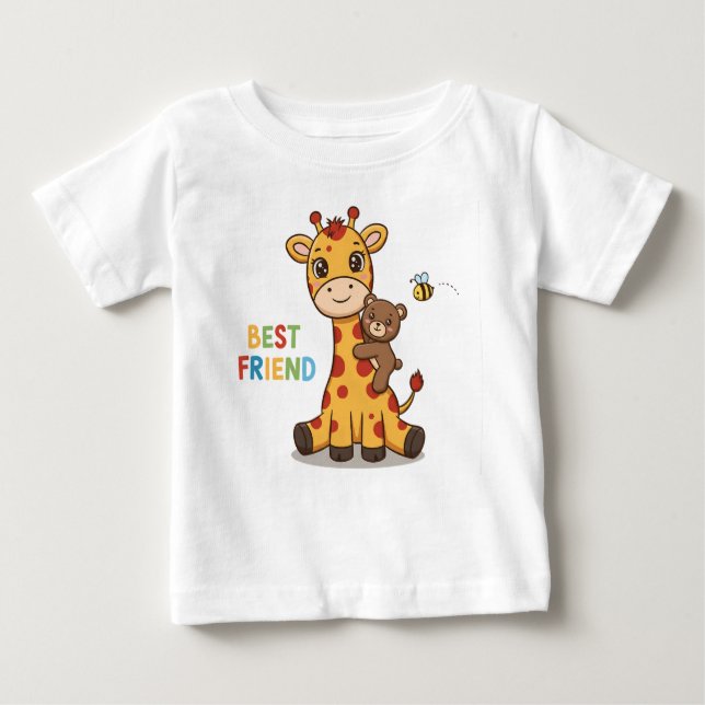 Camiseta Para Bebê Cute Giraffe and Bear Best Friends Illustration (Frente)