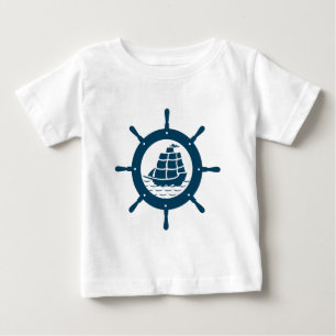 Camiseta Para Bebê Cute Ilustração de Roda de Barco Náutico Azul-Mari