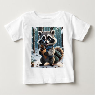 Camiseta Para Bebê Cute Kawaii style Raccoon com pinho de creme de pi