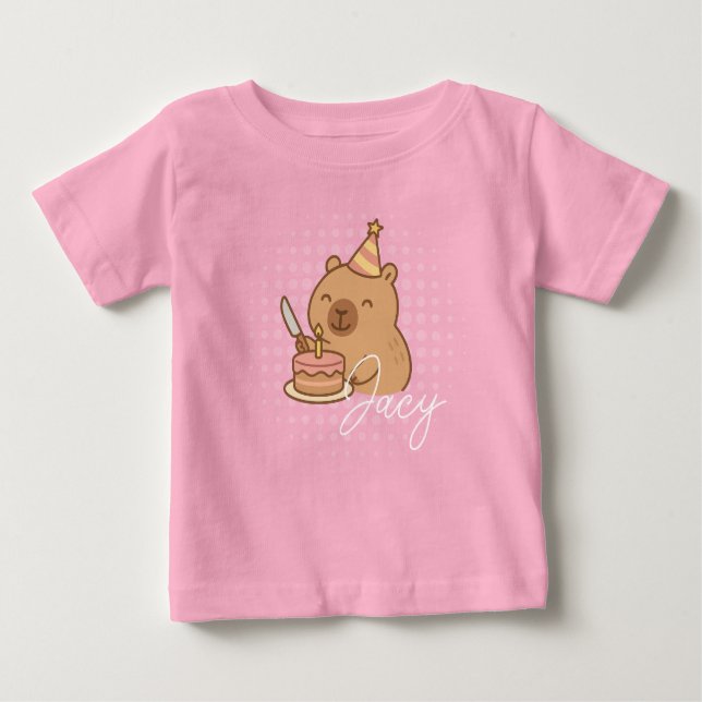 Camiseta Para Bebê Cute Kids Capybara eating cake Birthday Purple (Frente)