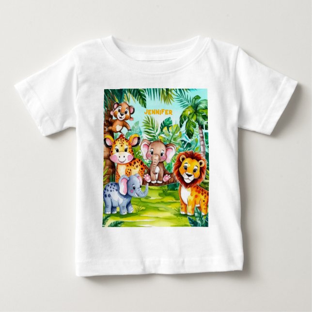 Camiseta Para Bebê Cute Kids Safari Selva Animal Personalizado Nome (Frente)