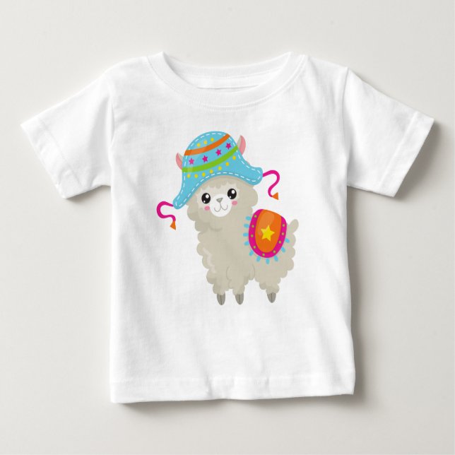 Camiseta Para Bebê Cute Llama, Little Llama, Alpaca, Llama Com Chapéu (Frente)
