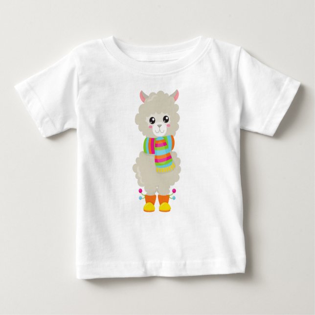 Camiseta Para Bebê Cute Llama, Little Llama, Alpaca, Llama Com Scarf (Frente)