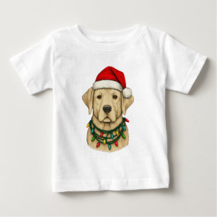 Camiseta Para Bebê Cute Natal Labrador com Chapéu de Papai Noel e Fér