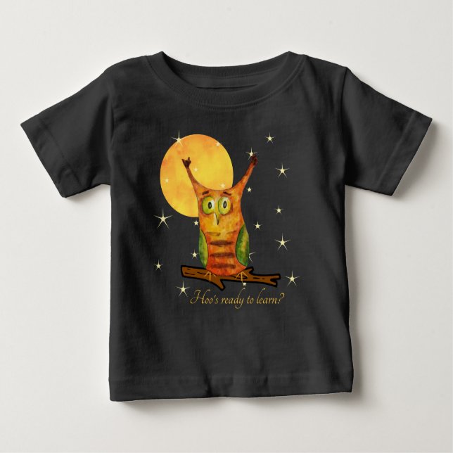 Camiseta Para Bebê Cute Owl estilo aquarela Nome Ano Escolar nas cost (Frente)
