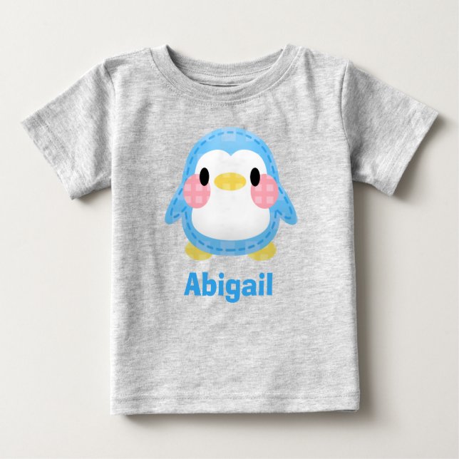 Camiseta Para Bebê Cute Patchwork Style Penguin Art Personalised (Frente)