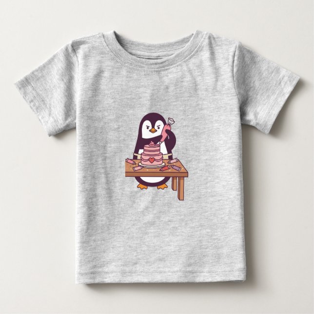 Camiseta Para Bebê Cute Penguin Cake Valentine Kids T-Shirt - Colour (Frente)