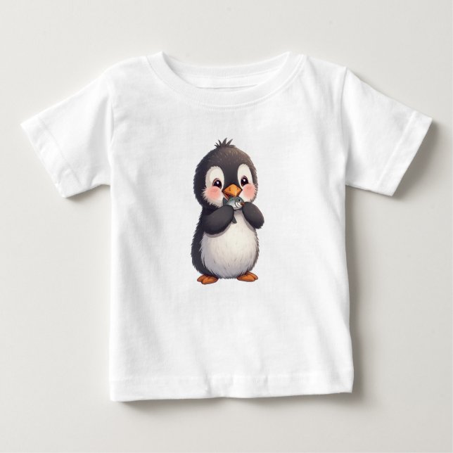Camiseta Para Bebê Cute Penguin with Fish (Frente)