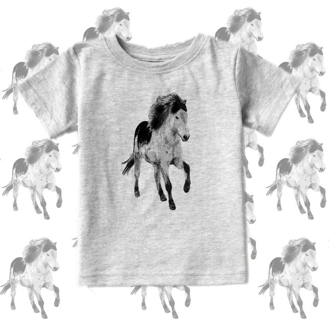 Camiseta Para Bebê Cute Pony in motion, black and white  (Criador carregado)