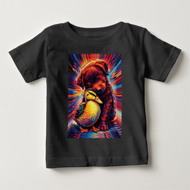 Camiseta Para Bebê Cute Puppy and Duckling Hug Pop Art  (Frente)