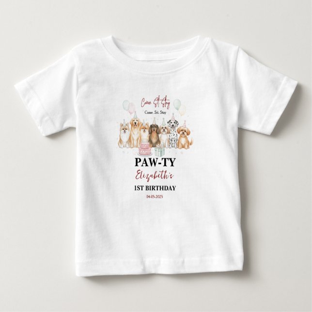 Camiseta Para Bebê Cute Puppy Dog Boy 1st Birthday | Pawty Time First (Frente)