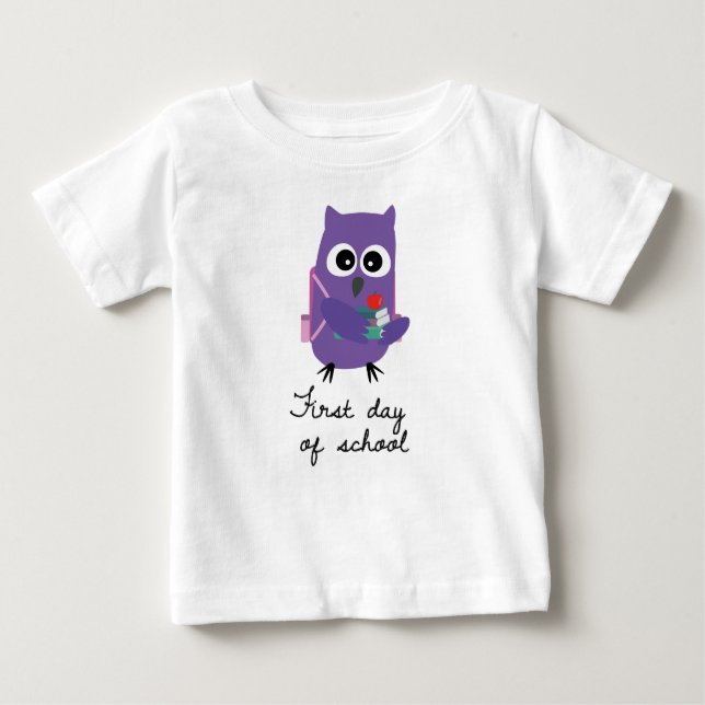 Camiseta Para Bebê Cute, purple owl, owlet "First day of school" (Frente)