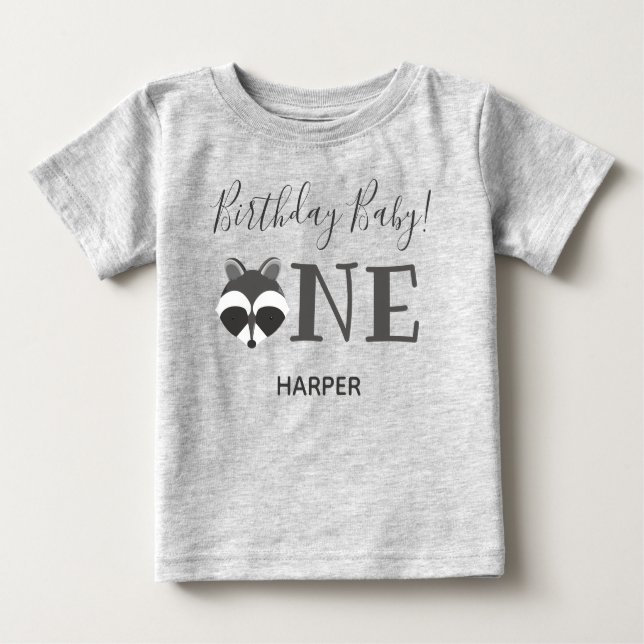Camiseta Para Bebê Cute Raccoon One Name First Birday (Frente)