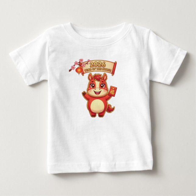 Camiseta Para Bebê Cute Red Horse 2026 Year Of Te Horse (Frente)