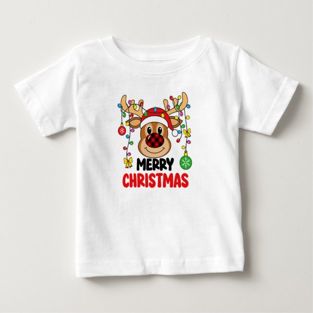 Camiseta Para Bebê Cute Reindeer Merry Christmas Lights (Frente)