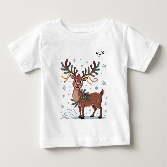 Camiseta Para Bebê Cute Rudolph with Gold Accents Initials (Frente)