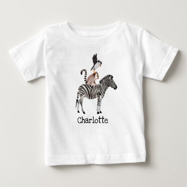 Camiseta Para Bebê Cute Safari Zebra Lemur Puffin Animais Com Nome (Frente)