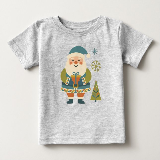 Camiseta Para Bebê Cute Scandi Folk Art Santa with Gift Kids Holiday (Frente)