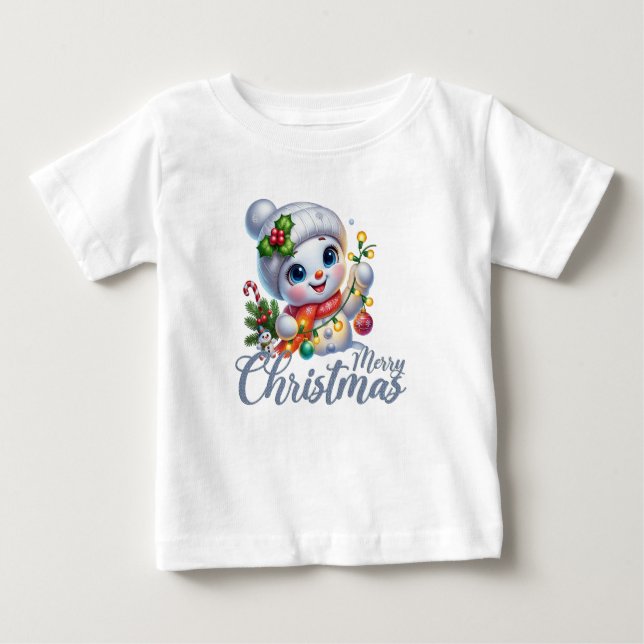 Camiseta Para Bebê Cute Snowgirl Merry Christmas Lights Tee (Frente)