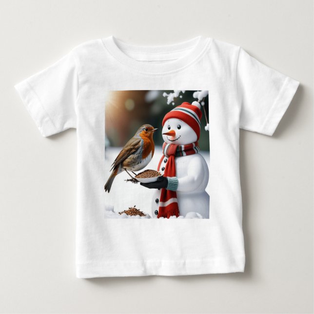 Camiseta Para Bebê Cute Snowman alimenta uma design Robin de Natal (Frente)