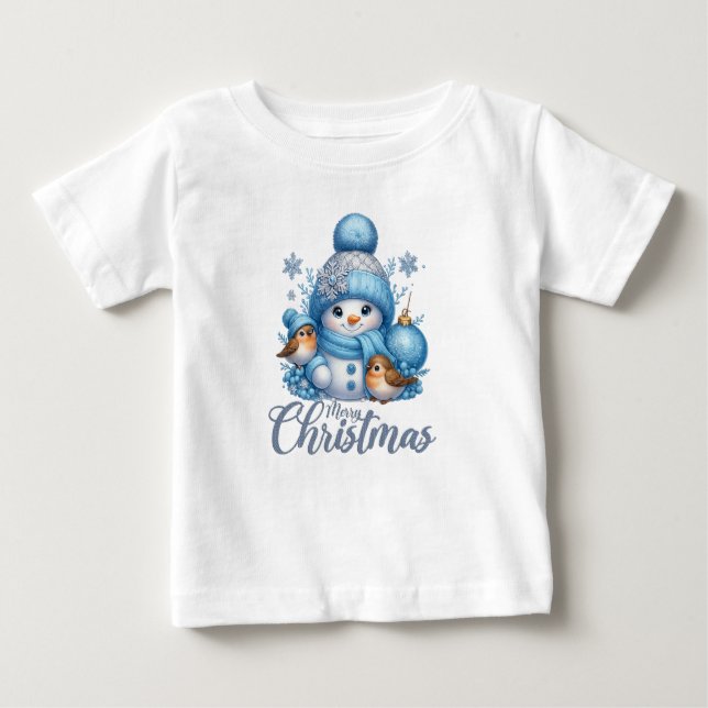 Camiseta Para Bebê Cute Snowman and Winter Birds Christmas  (Frente)