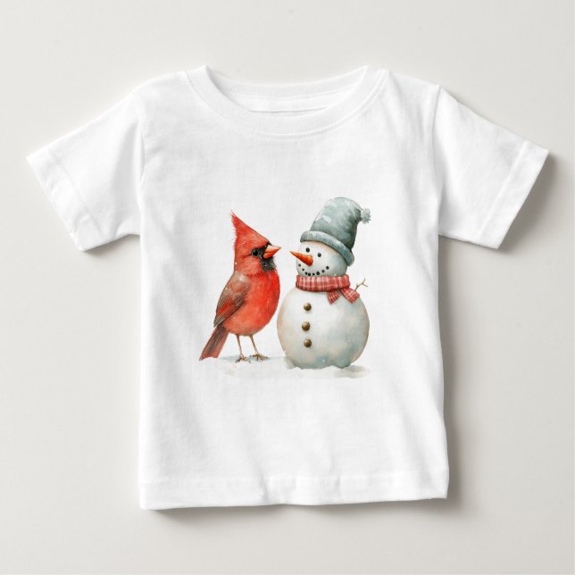 Camiseta Para Bebê Cute Snowman with Bird Winter Christmas Scene (Frente)