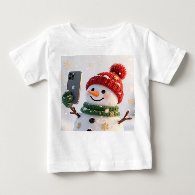 Camiseta Para Bebê Cute Snowman with Phone Christmas Design (Frente)