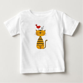 Camiseta Para Bebê Cute Striped Cat and Red Bird Art