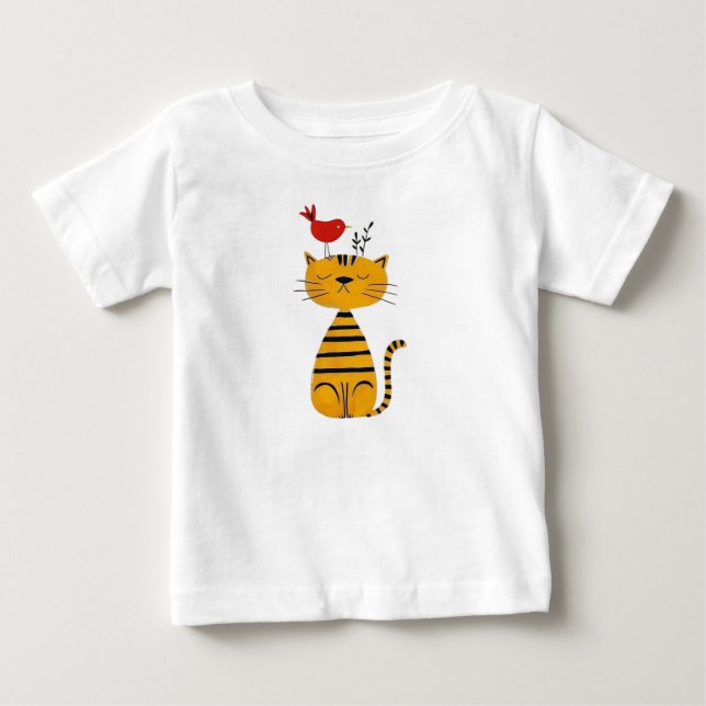 Camiseta Para Bebê Cute Striped Cat and Red Bird Art (Frente)