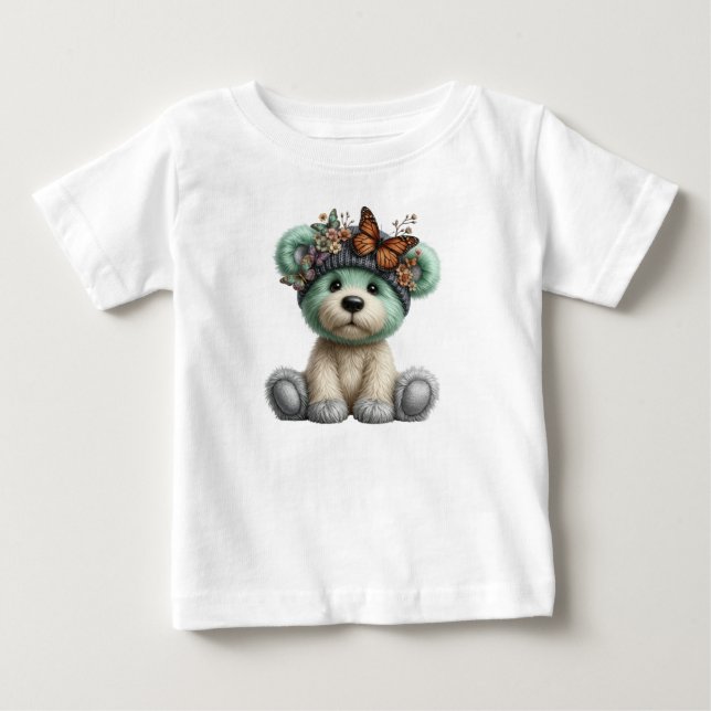 Camiseta Para Bebê Cute Teddy Bear with Butterflies Floral Plush (Frente)