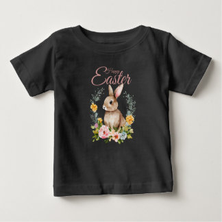 Camiseta Para Bebê Cute Watercolor Bunny Floral Wreath Easter
