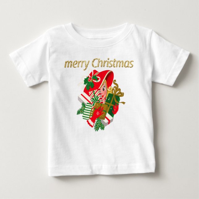 Camiseta Para Bebê Dama Antiga Segurando Presentes de Natal (Frente)