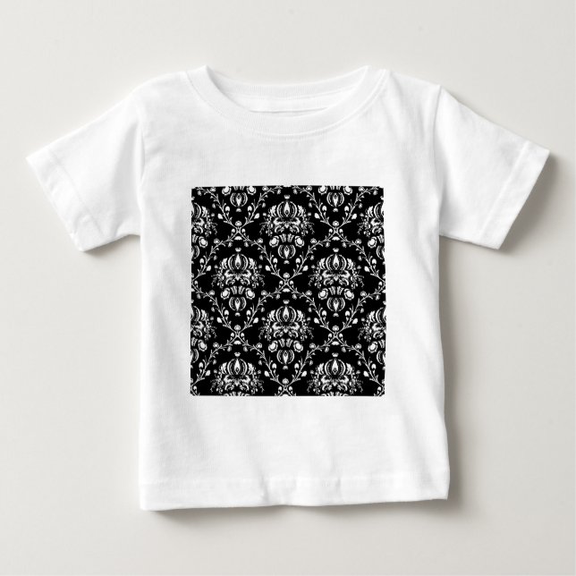 Camiseta Para Bebê Damasco preto e branco (Frente)