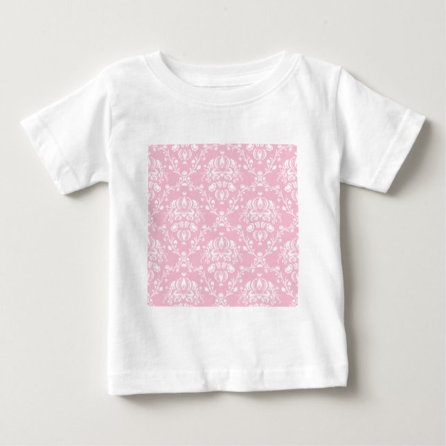Camiseta Para Bebê Damasco Rosa e Branco (Frente)