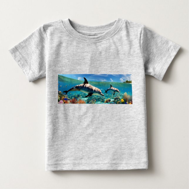 Camiseta Para Bebê Dancing Dolphins in a Coral Paradise (Frente)